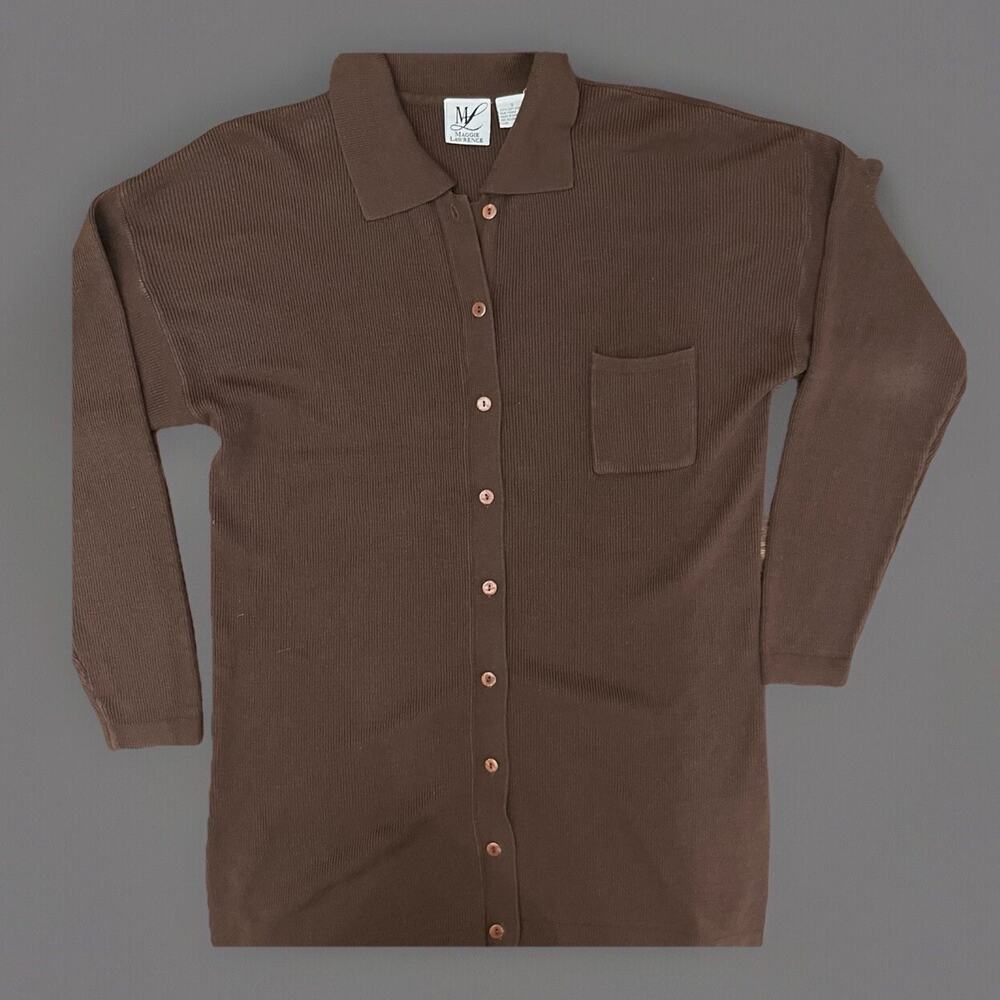 Vintage 60s 70s Maggie Lawrence Brown Collared Button-Up Shirt Small Soft Knit